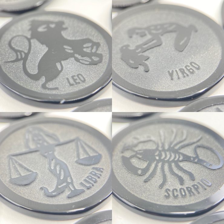 Flat Black Onyx 32.5mm Coins With Carved Zodiac Symbols For Jewellery Making