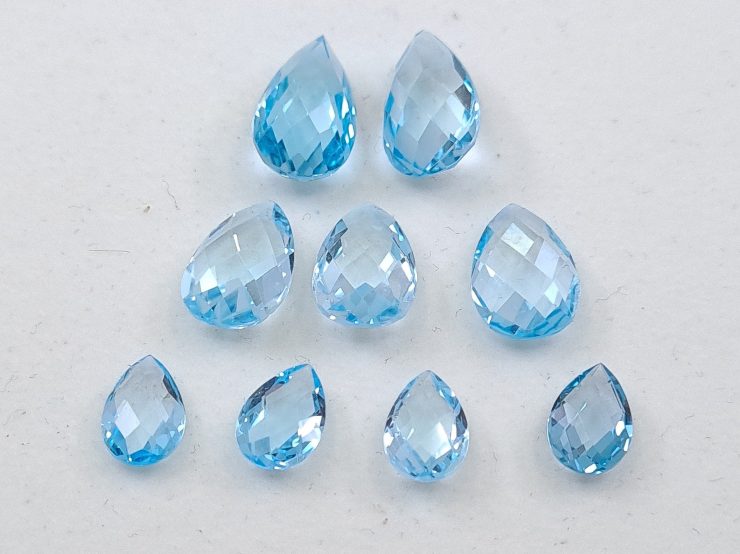 Sky Blue Topaz Double Sided Faceted Checkerboard Pear Shape Gemstones in 9x6mm, 12x8mm & 14x8mm for Jewellery Making