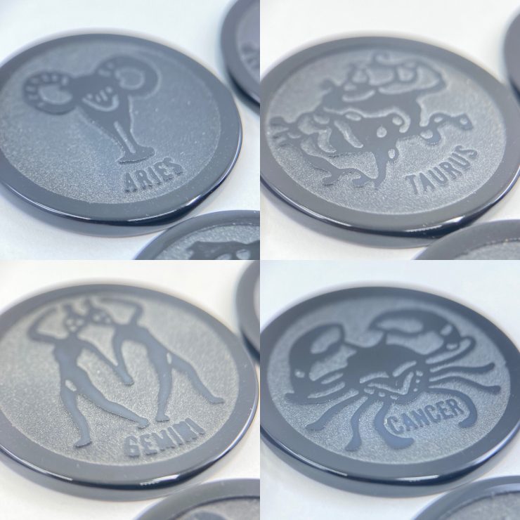 Flat Black Onyx 32.5mm Coins With Carved Zodiac Symbols For Jewellery Making