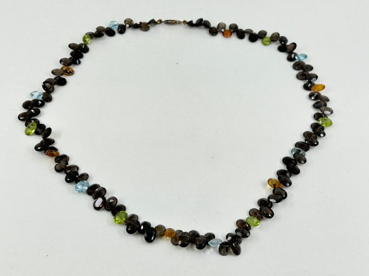 il fullxfull.6010376554 7b6b scaled 18 Inch Faceted Mixed Smoky Quartz, Peridot, Blue Topaz, & Citrine Beaded Necklace (7x5mm Gemstones) with 9 Carat Gold Clasp