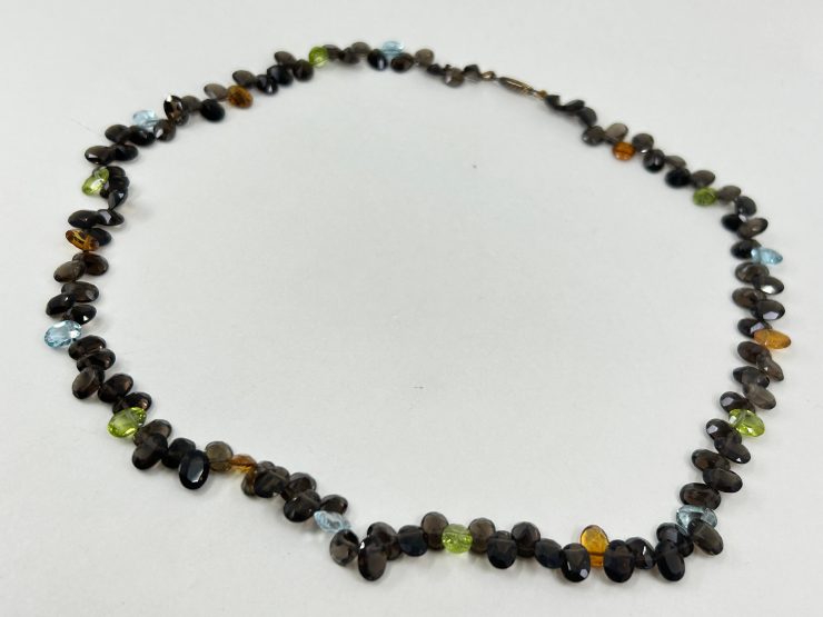 il fullxfull.6058453437 sg3h scaled 18 Inch Faceted Mixed Smoky Quartz, Peridot, Blue Topaz, & Citrine Beaded Necklace (7x5mm Gemstones) with 9 Carat Gold Clasp