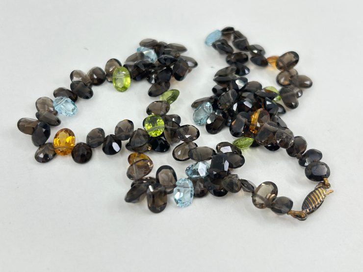 il fullxfull.6058454543 mfkf scaled 18 Inch Faceted Mixed Smoky Quartz, Peridot, Blue Topaz, & Citrine Beaded Necklace (7x5mm Gemstones) with 9 Carat Gold Clasp