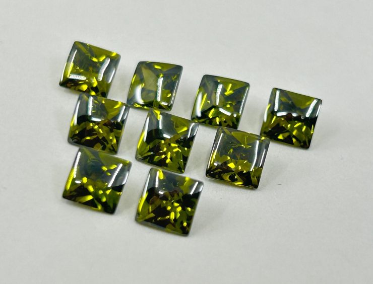 Green Tourmaline Cubic Zirconia (Synthetic) Buff Top Square Shape Loose Gemstones In 6mm, 8mm & 10mm for Jewellery Making